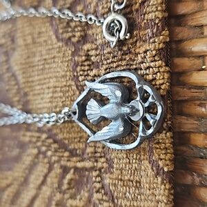 Teardrop Holy Dove of Peace Etched Marked Vtg necklace stamped back